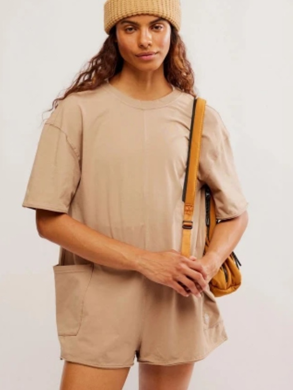 FP Movement by Free People Taupe Short Sleeve Romper with Pockets